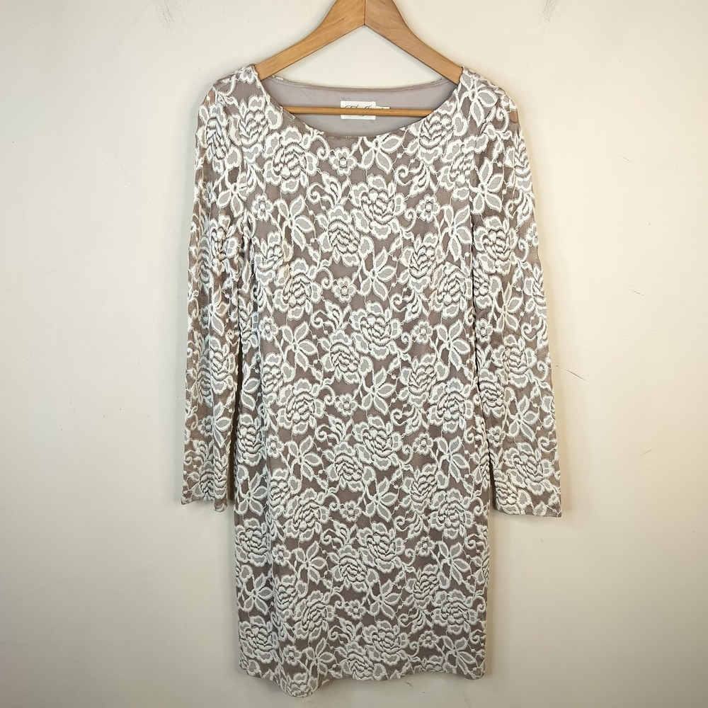 Eliza J Floral Lace‎ Sheath Dress Women Size 10 Long Sleeve Romantic Taupe Ivory